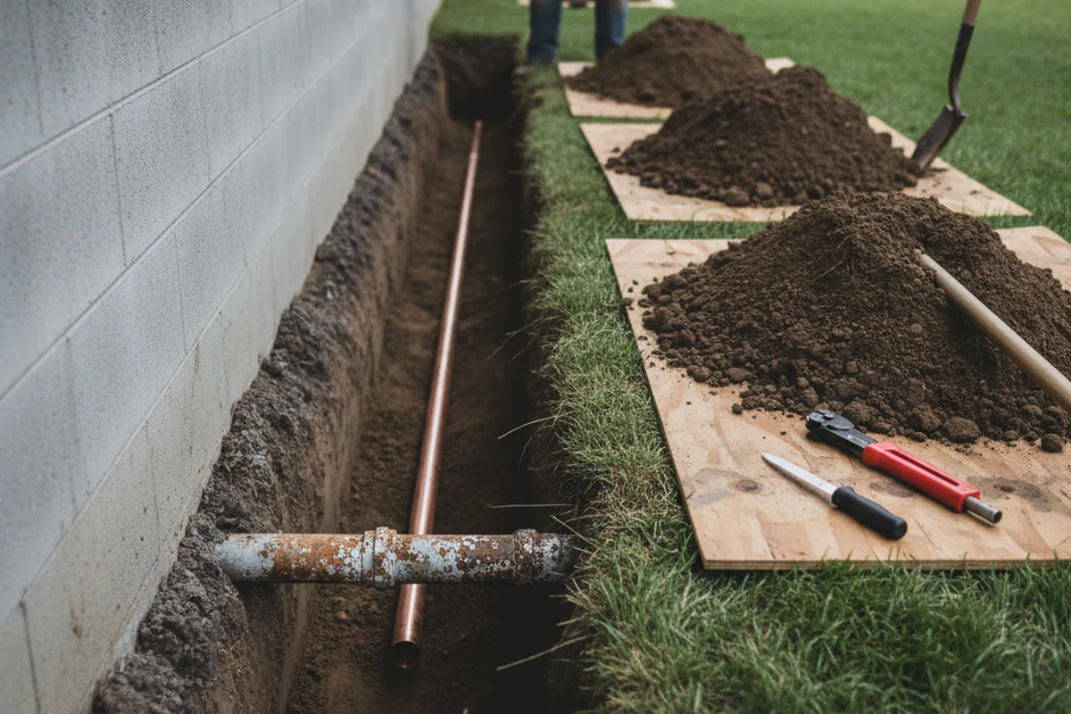 Excavated water line trench during Water Softener Installation in Northborough